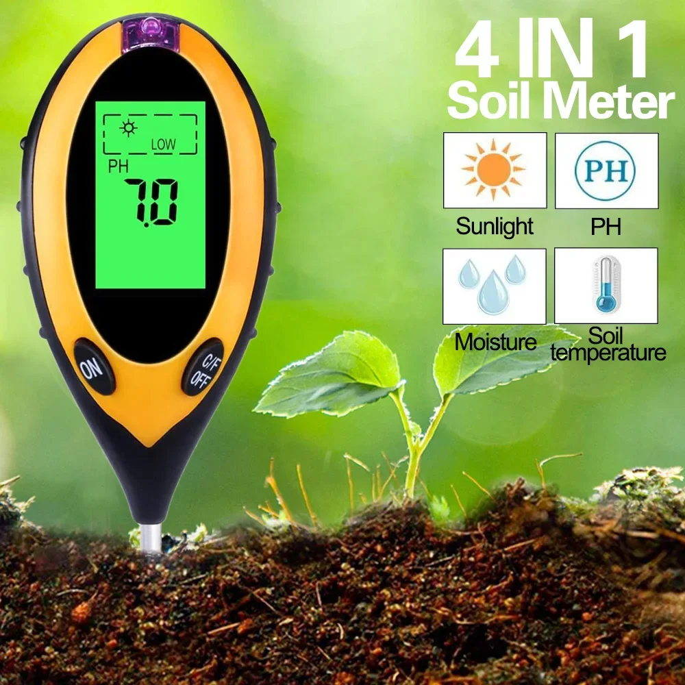 4 In 1 Digital Soil PH Meter Moisture Monitor Temperature Sunlight Tester For Gardening Plants Farming With Blacklight