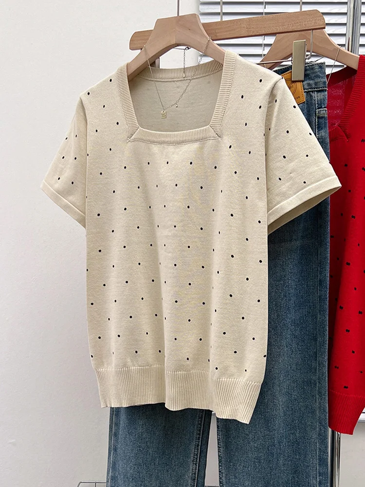 Oversized Summer Short Sleeve Dot Sweater Women Ice Silk Knit T-shirt Vintage Square Collar Loose Knitwear Tops M-4XL