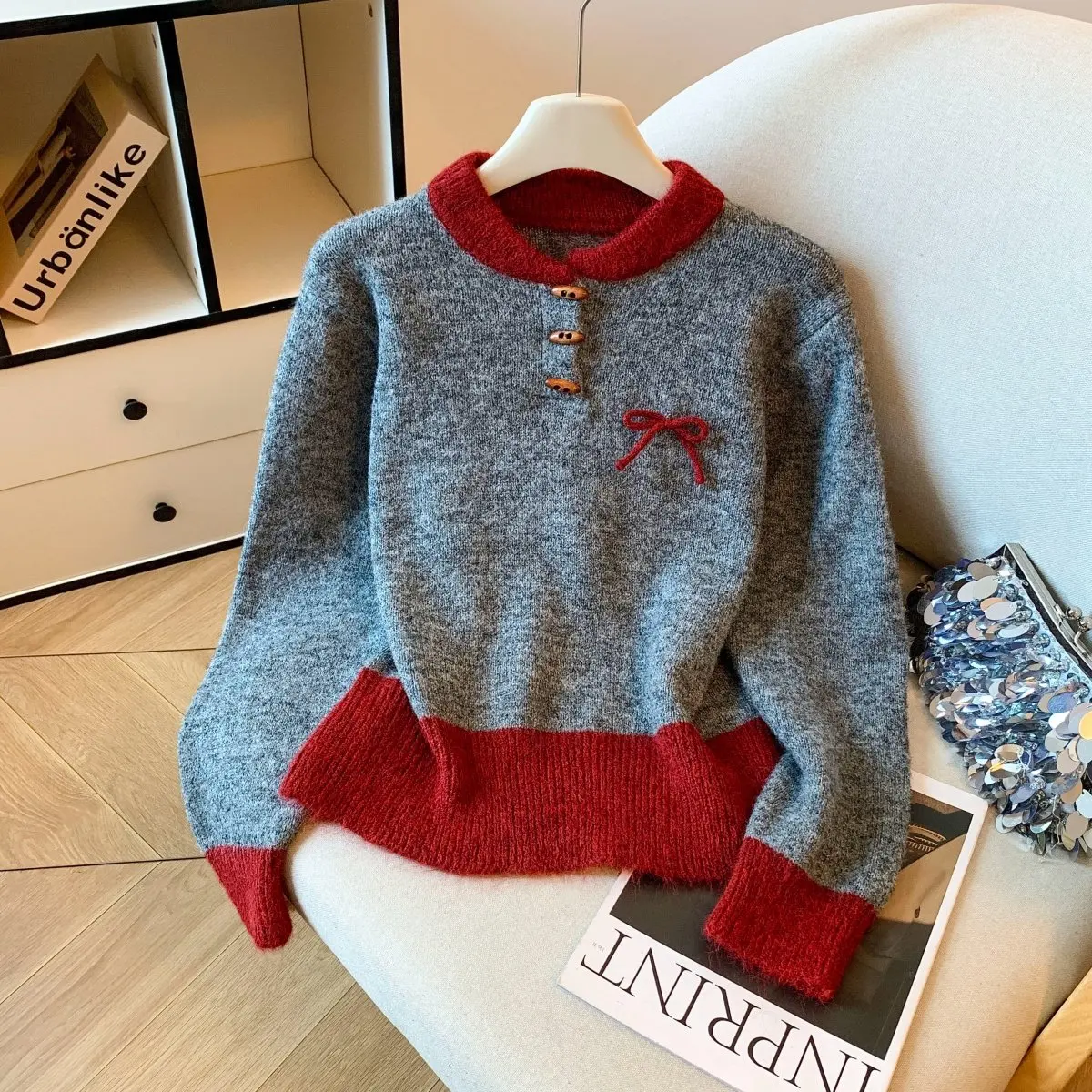 Maglione da donna Maglione lavorato a maglia color block Autunno Inverno Fiocco con bottoni decorativi Pullover girocollo Dolce top corto in maglia