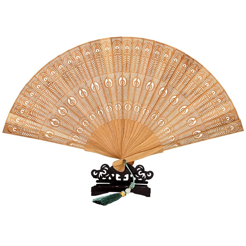 

Green sandalwood Su fan Chinese style lobular red sandalwood folding fan antique style fine carving hollow merchandise gift fan