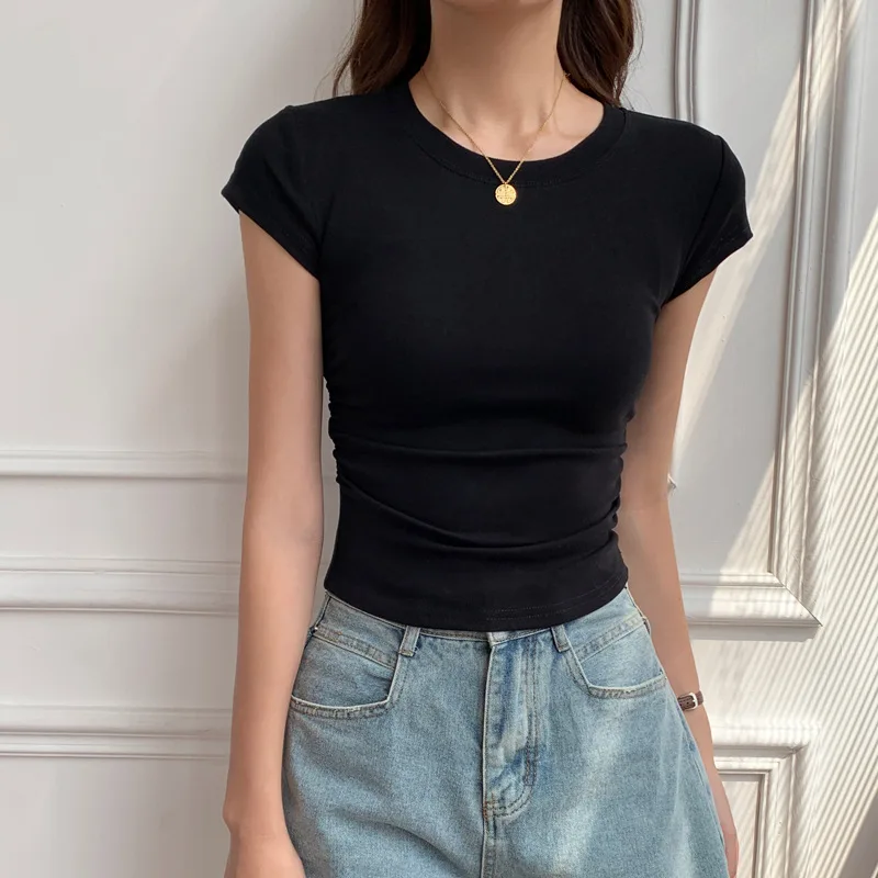 New Slim White T-shirt Women Casual Vintage Tee Shirt Femme Sexy Kpop Y2K Crop Top Woman Skinny Black Gray Fashion Clothes