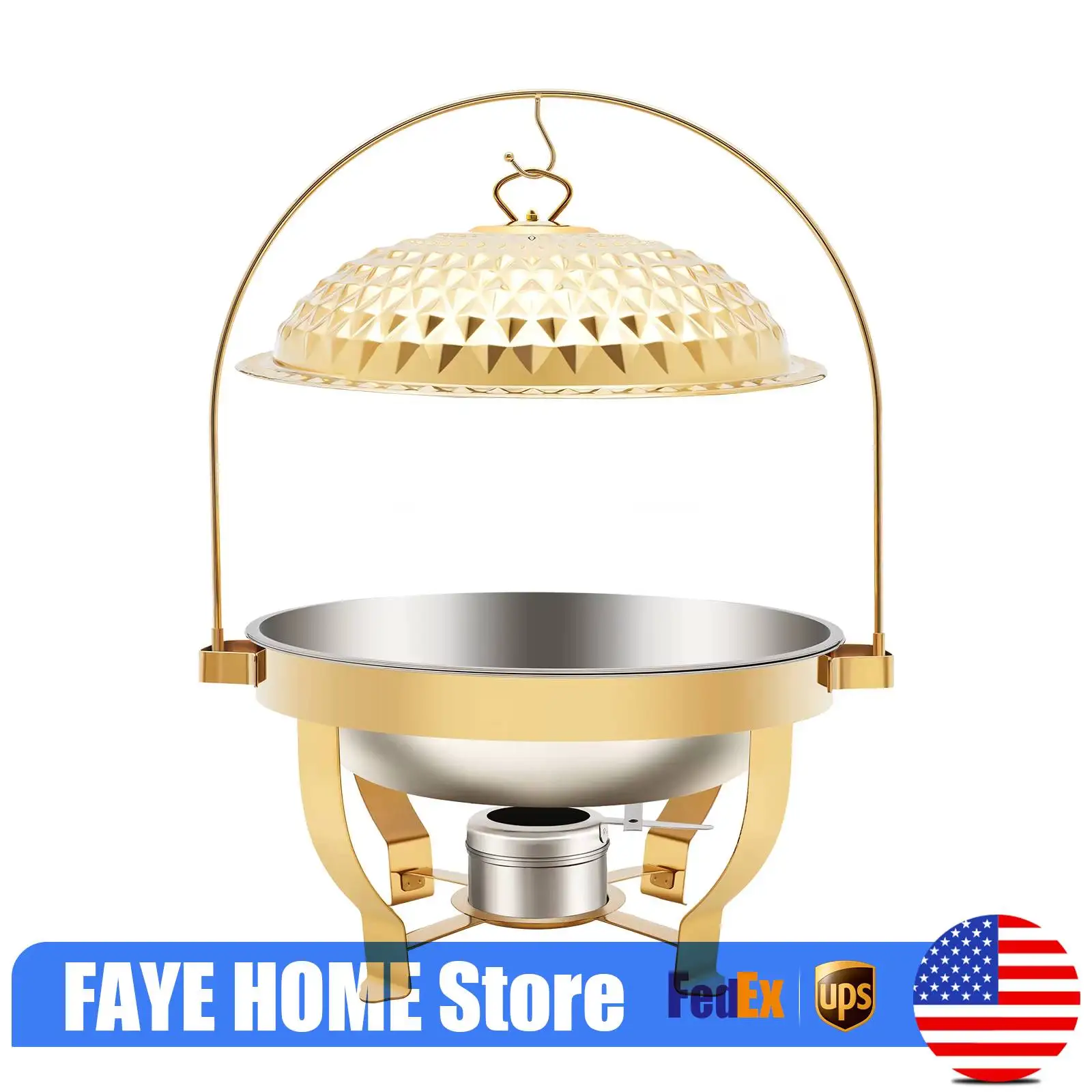 

Buffet Chafing Dish, 8L Gold Diamond Hanging Lid Food Warmer, Stainless Steel Chafing Dish for Catering