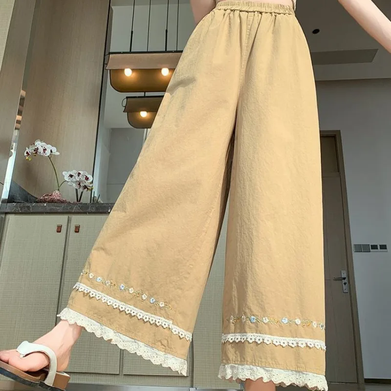 

Large Size Women's Casual Cotton Linen Embroidered Wide Leg Nine Points Straight Tube Pants Summer New Style Comfortable Brea...