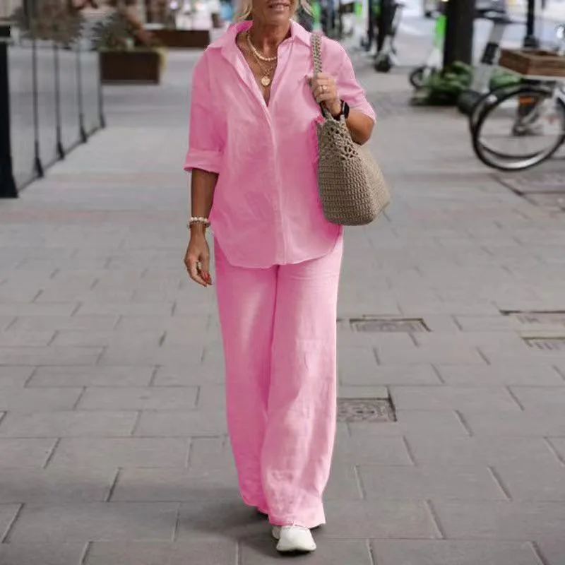 

Elegant Women's Suits Female Cotton Linen Solid Shirt Two Piece Set For Women Long Sleeve Top Wide Leg Pants Set Casual Outfits