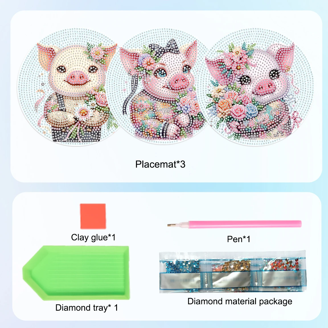 3 قطع الماس الفن اللوحة تحديد الموقع أطقم، DIY الوردي خنزير الماس جولة مكان الحصير الحرفية الجدول الحصير الجدول المطبخ للمنزل ديكور هدية