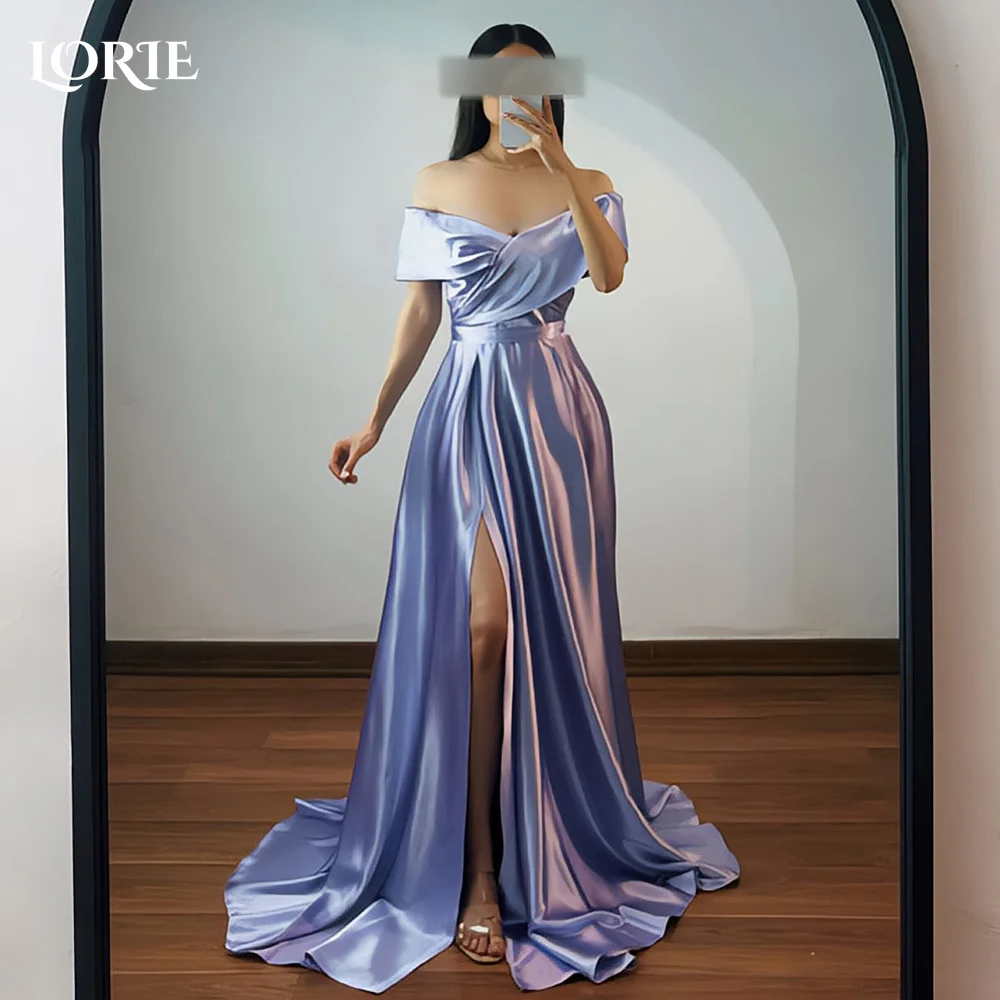 

LORIE High Slit A-line Evening Dresses Off Shoulder Shiny Satin Backless Prom Dress Arabia Elegant Dubai Party Gowns Customized