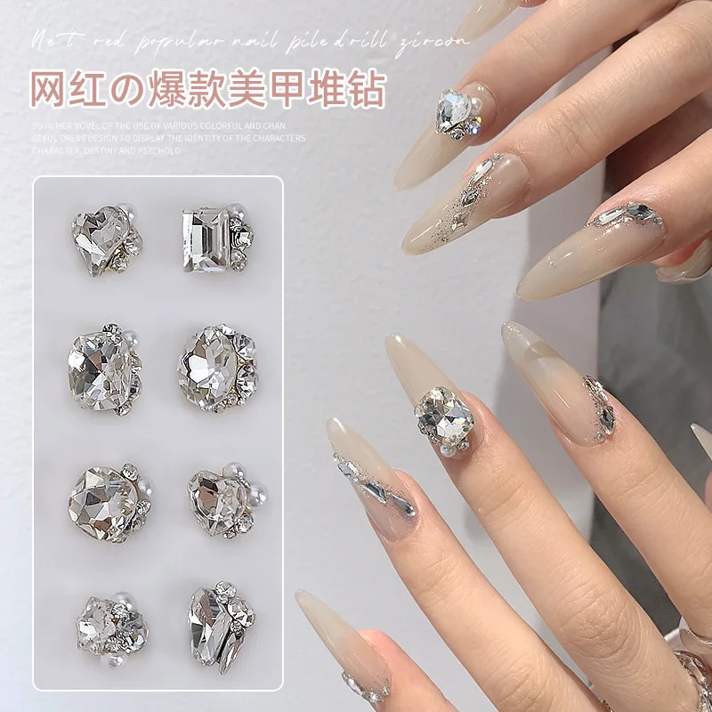 White Rhinestone Ball Nail Art: Chunky Square, Asymmetrical Heart, Heart-Shaped Axe, and Rhinestone-Studded Nails