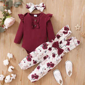 0-18 mesi vestiti per bambina set colore rosso maniche lunghe body + pantaloni con cinturino a fiori 2 pezzi neonato ragazza capodanno abbigliamento vestito