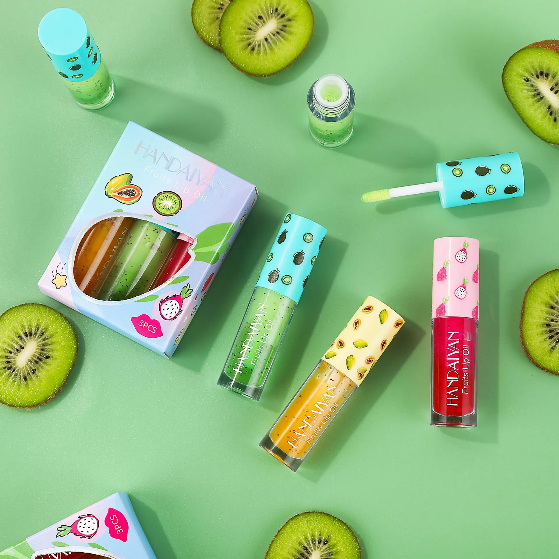 Pintalabios hidratante con sabor a fruta popular, Europa y Estados Unidos, esmalte de labios, brillo de labios, tres juegos de maquillaje en caja