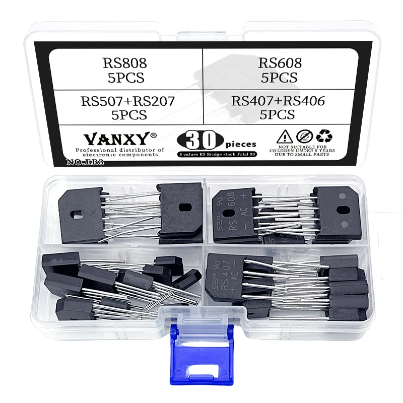 6 values rectifier bridge kit RS207 RS406 RS407 RS507 RS608 RS808 4 pins diode total 30 pcs