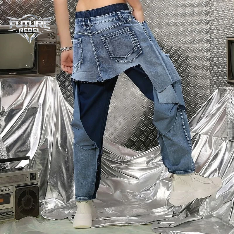 New Luxury Patchwork Distressed Jeans Men Y2K Streetwear Color Block Layered Denim Pants Hip Hop Harajuku Grunge Trousers Unisex
