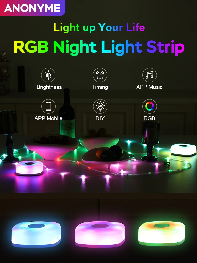 ANONYME LED Night Light Smart APP RGB Camping String Lights Outdoor Waterproof Rechargeable Christmas Decoration Atmosphere Lamp