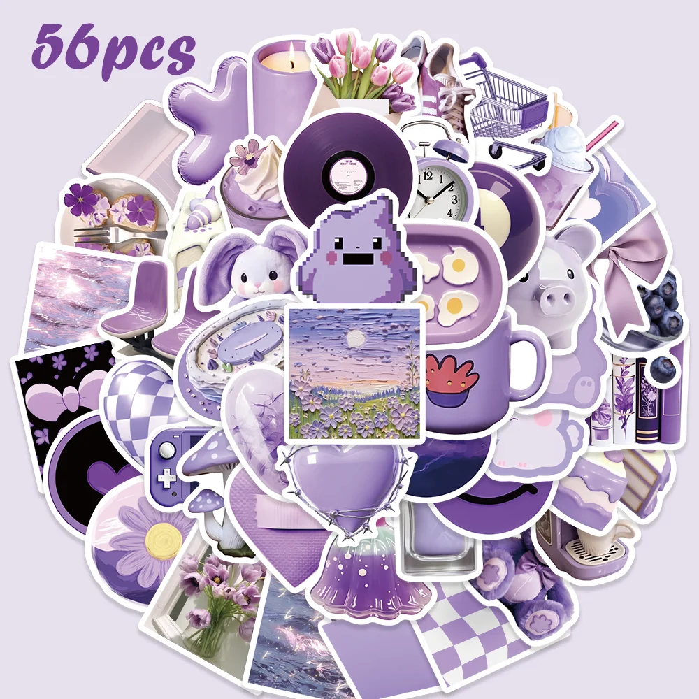 56pcs INS Style Purple Graffiti Stickers for Laptop Guitar Mobile Envelope Scarpbook Diary DIY Waterproof Kids Toy Gift Sticker