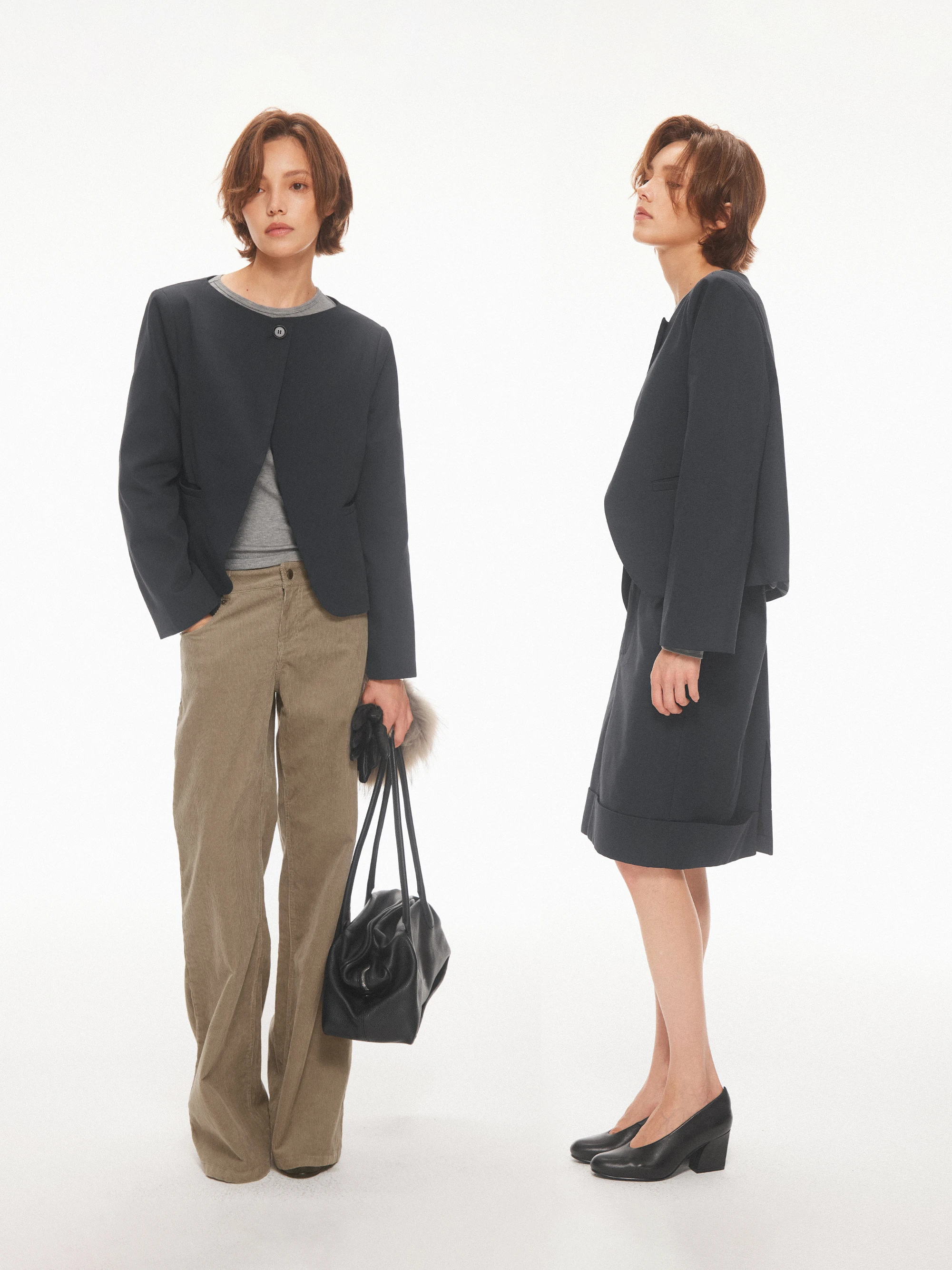 AHNKANK Autumn New Linen Mixed Casual round Neck Suit Jacket Slim Straight Skirt Set Women's Fashion Ensemble Polyester Fiber