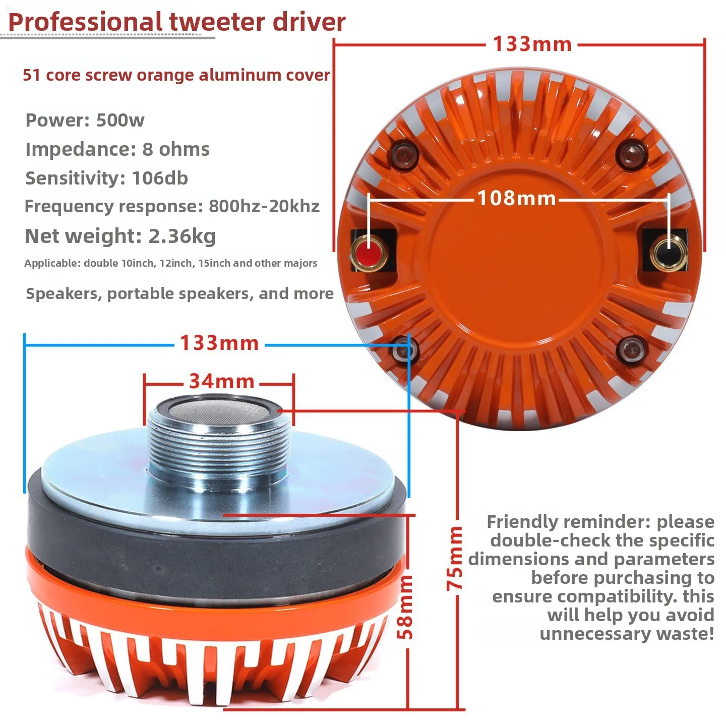 MW Audio, 1 stuks, compressie-element voor hoornluidspreker, 34,4/44,4/51 mm, aluminium behuizing, hoogfrequente tweeter voor podiumluidsprekers.