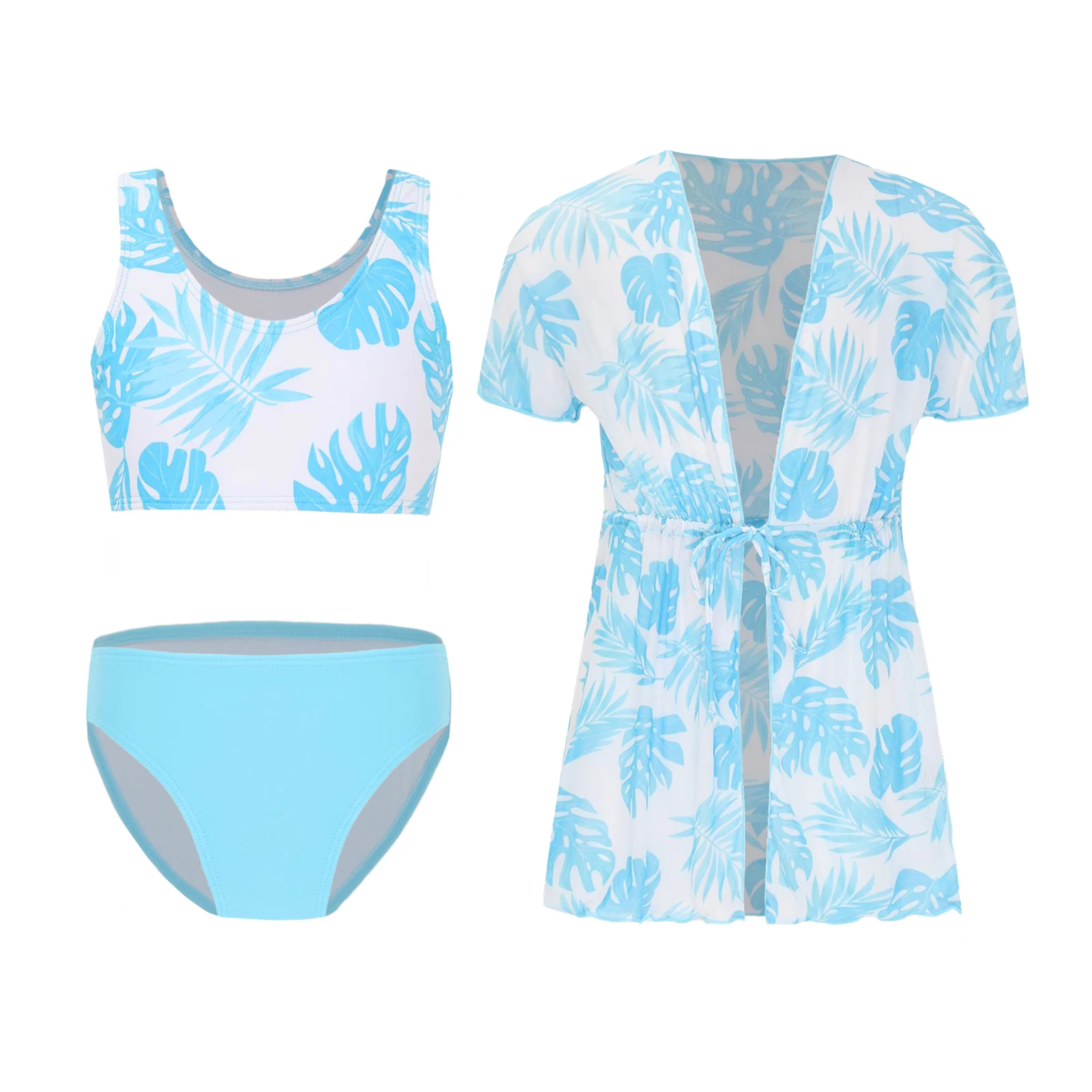 طفل فتاة الاستوائية طباعة ملابس السباحة 3 قطع الصيف الشاطئ ملابس السباحة تانك الأعلى موجز الشيفون التستر مجموعة ملابس السباحة بدلة الحماية من الشمس