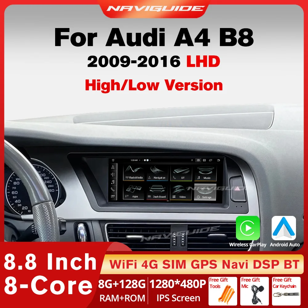 NAVIGUIDE 8.8\'\' Android 13 Car Radio Multimedia Player For Audi A4 B8 LHD 2009-2016 GPS Navi Auto Stereo WIFI 4G CarPlay Screen