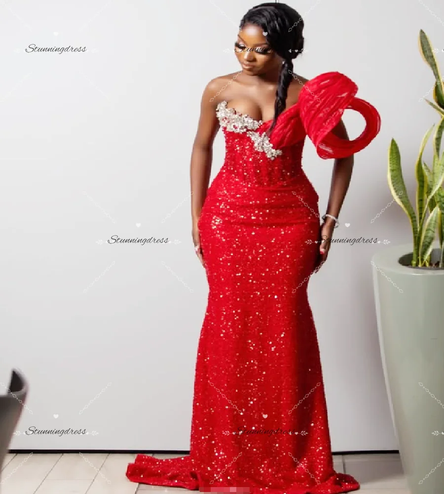 

Shine Red Mermaid Evening Dress 2026 Plus Size Black Girls Sequin Prom Dress Beaded Formal Occasion Birthday Dress Luxury Party