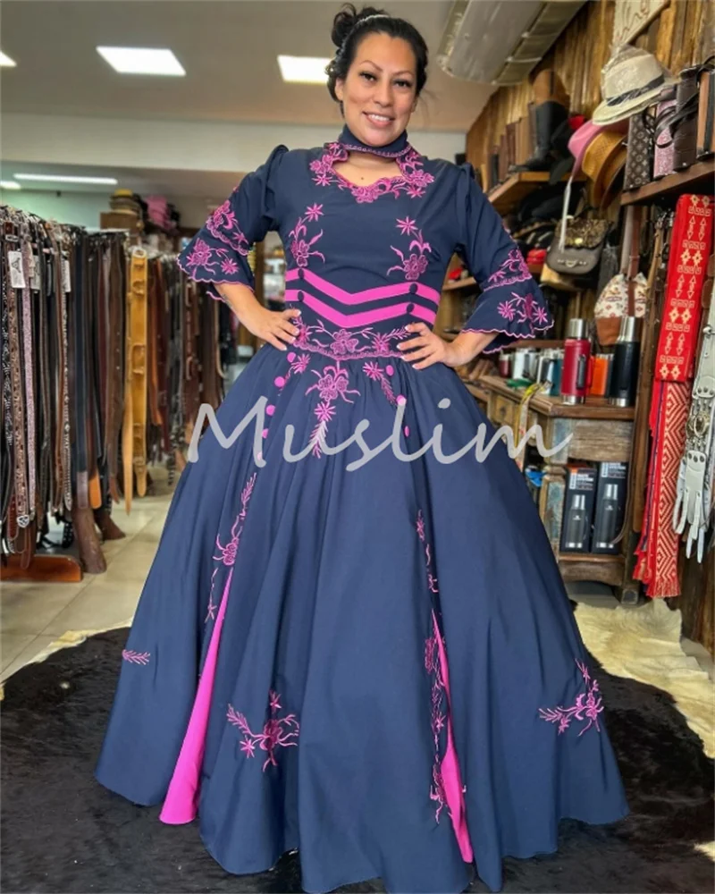 Unique Navy And Hot Pink Evening Dress Victorian Gothic Steampunk Prom Dress Embroidery Charro Carnival Flamenco Gown Customized