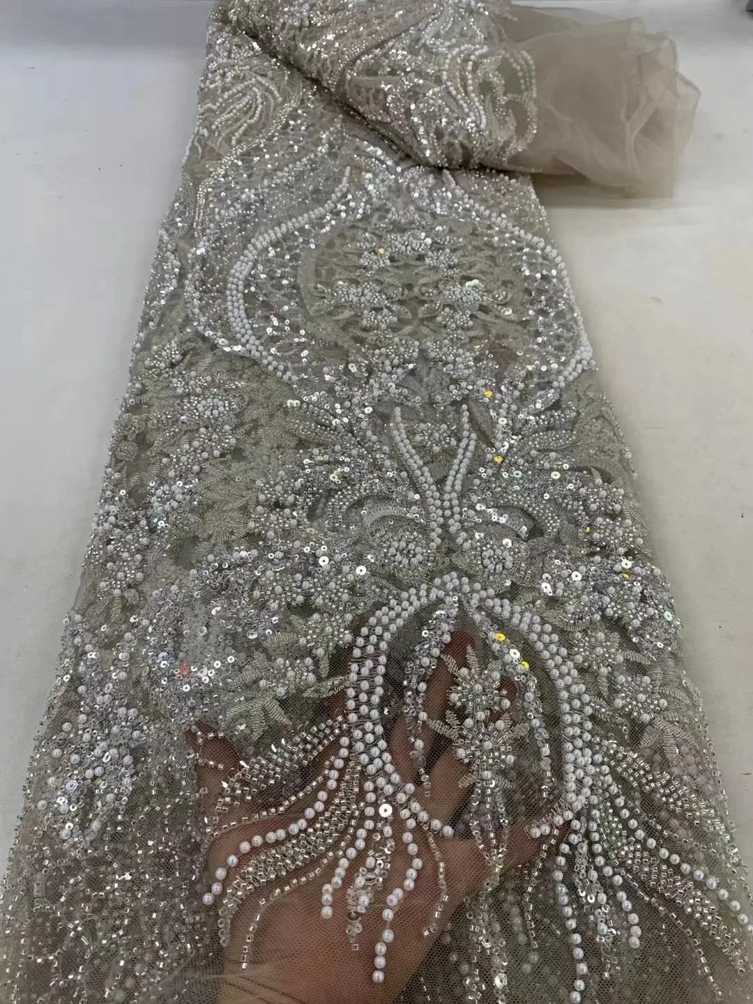 New Arrival French Popular Embrordered 3D Flower Lace Elegant Beaded Afirca Mesh Fabric Lace With Sequins Party Evening Dress