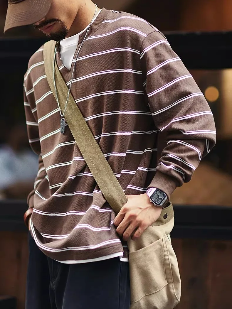 

Мужская повседневная толстовка с длинным рукавом и V-образным вырезом, имитация двухслойности, весенне-осенняя, в полоску, удобная верхняя одежда