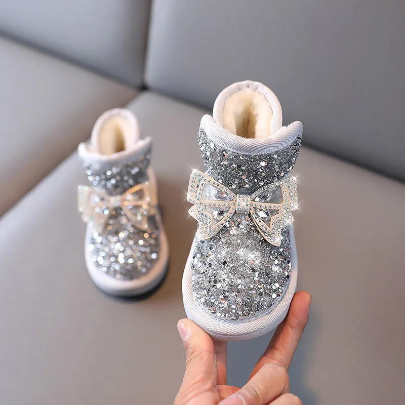 Girls Snow Boots 2022 Winter New Children's Shoes Rhinestone Bow Kids Warm Cotton Shoes Soft Sole Princess Shoes
