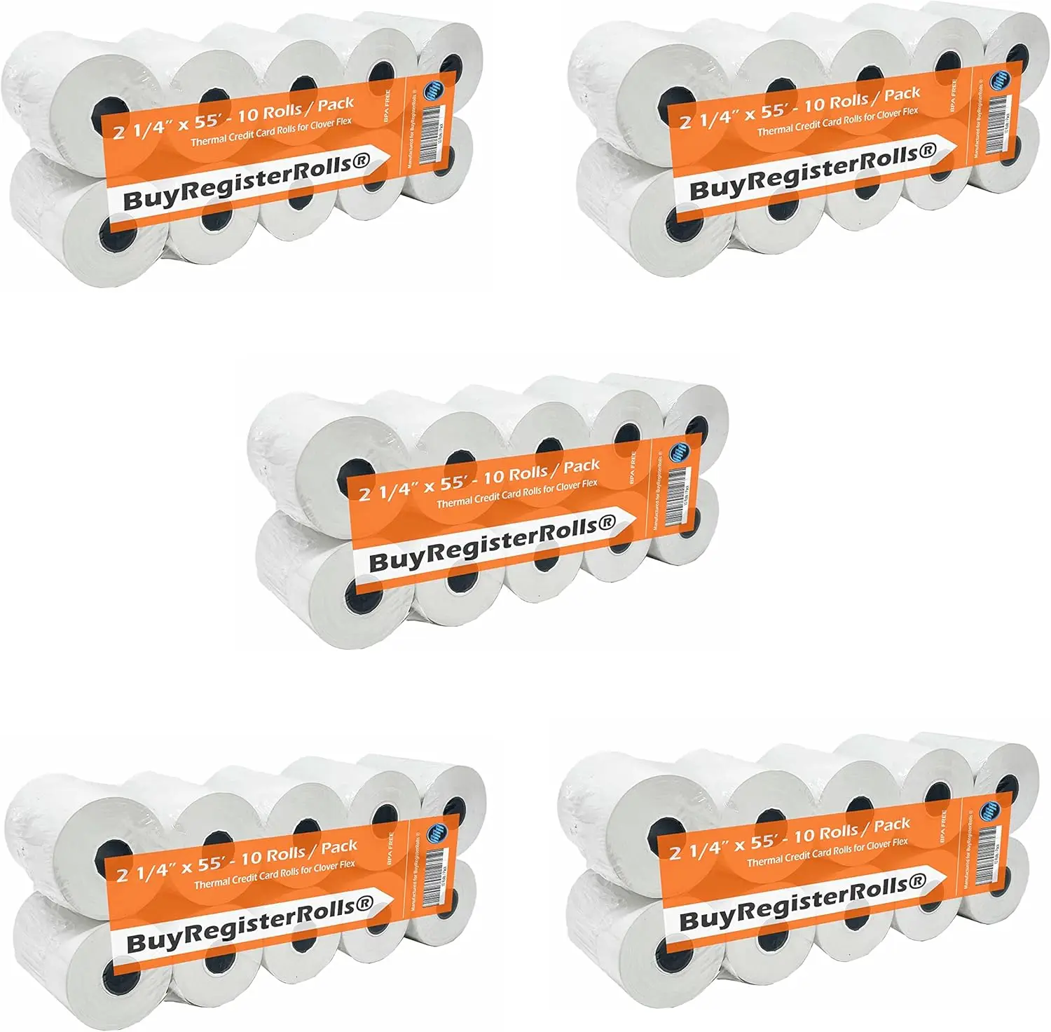 5 Paquetes de 10 Rollos de Papel Térmico, 2 1/4 x 55, 50 Rollos en Total para Clover Flex Mini y Terminal Square