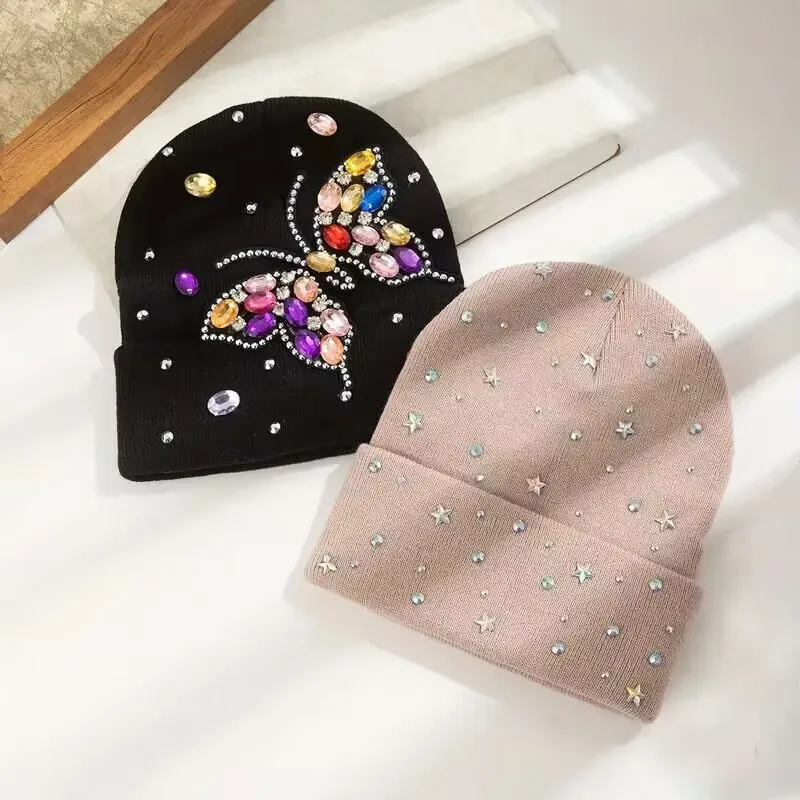 Diamond-encrusted hat, autumn and winter knitted cap, sporty and casual women's hat, fashionable acrylic material