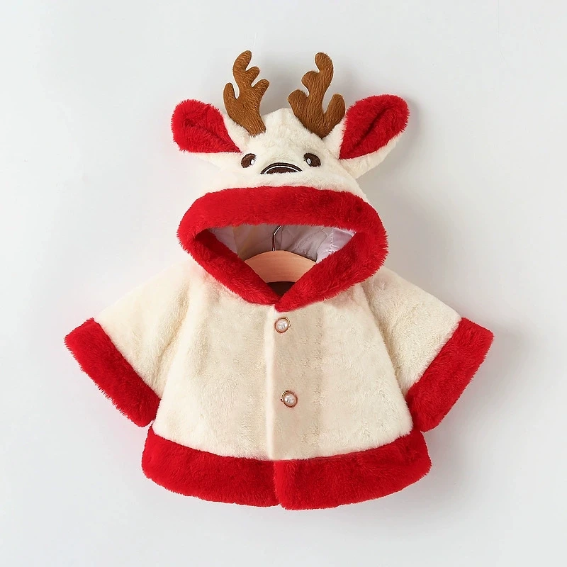 2026 Christmas Elk Plush Baby Jacket Autumn Winter Keep Warm Hooded Infant Girls Coat Princess Cloak Baby Girl Clothes 0-24M