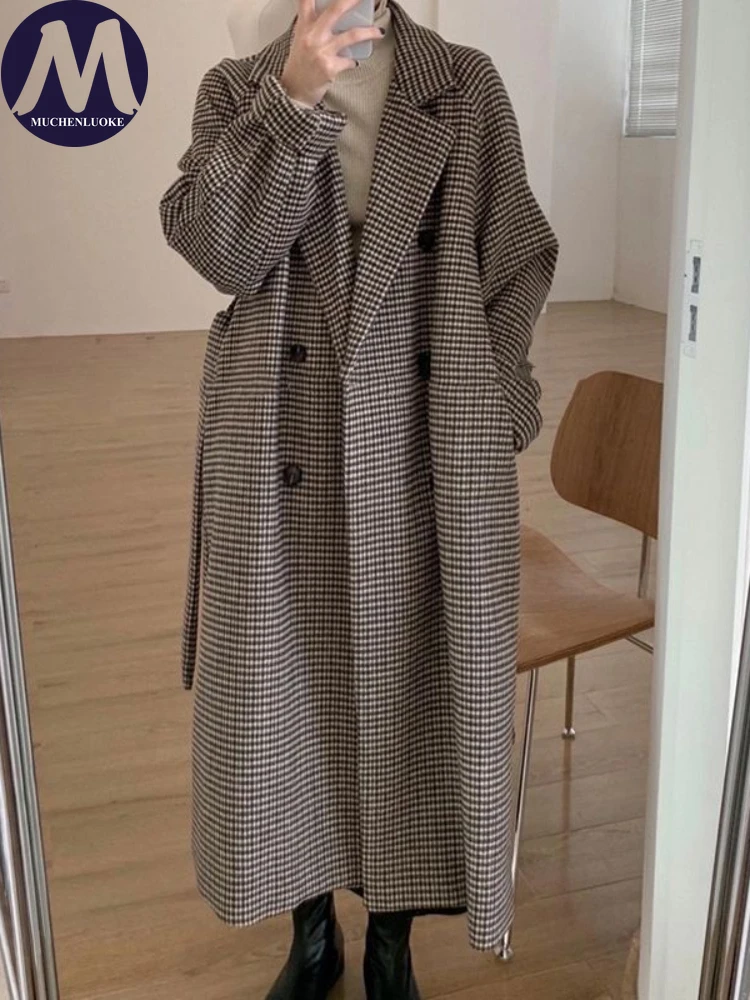 

Coat for Women 2024 Spring and Autumn New Fashionable Lattice Long Sleeved Woolen Coats Casual Loose Waist Frenulum Women's Coat