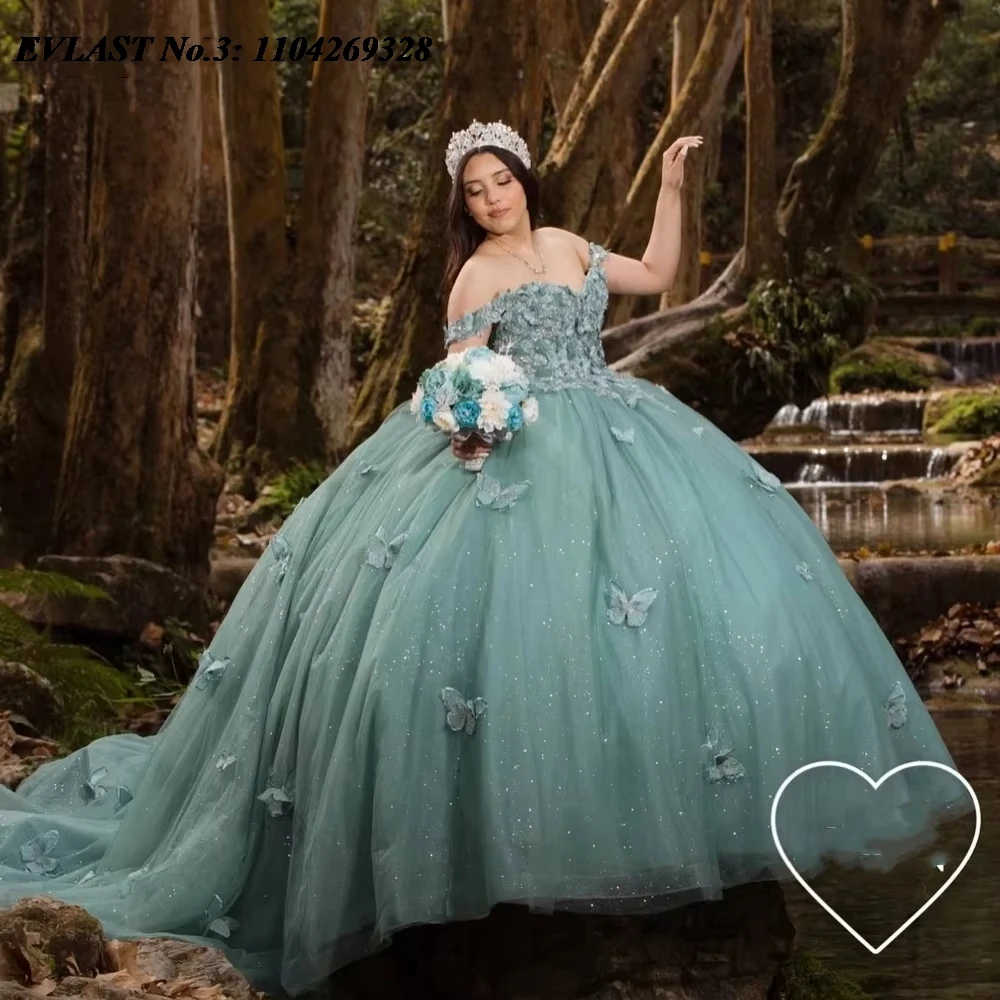 

EVLAST Customized Sage Green Quinceanera Dress Ball Gown 3D Butterfly Applique Beaded Corset Sweet 16 Vestido De 15 Anos E3Q178