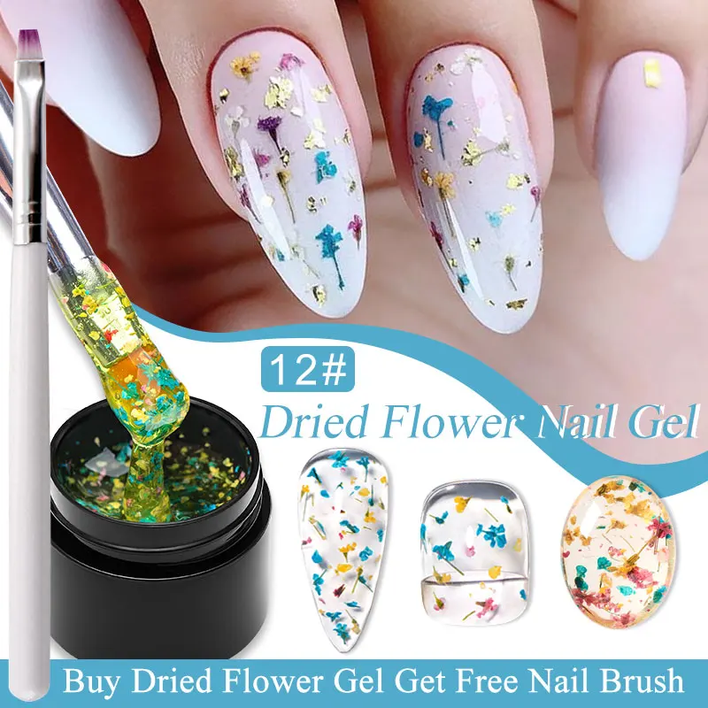 MEET ACROSS 핑크 말린 꽃 젤 네일 광택제, 브러시 포함, 자연 꽃 요정 네일 아트 젤, UV LED 페인팅 바니시, 5ml