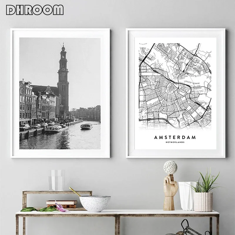 Amsterdam City Map Set Poster Print Black White Wall Art Picture Home Decor Netherlands Map Nordic Style Living Room Decoration