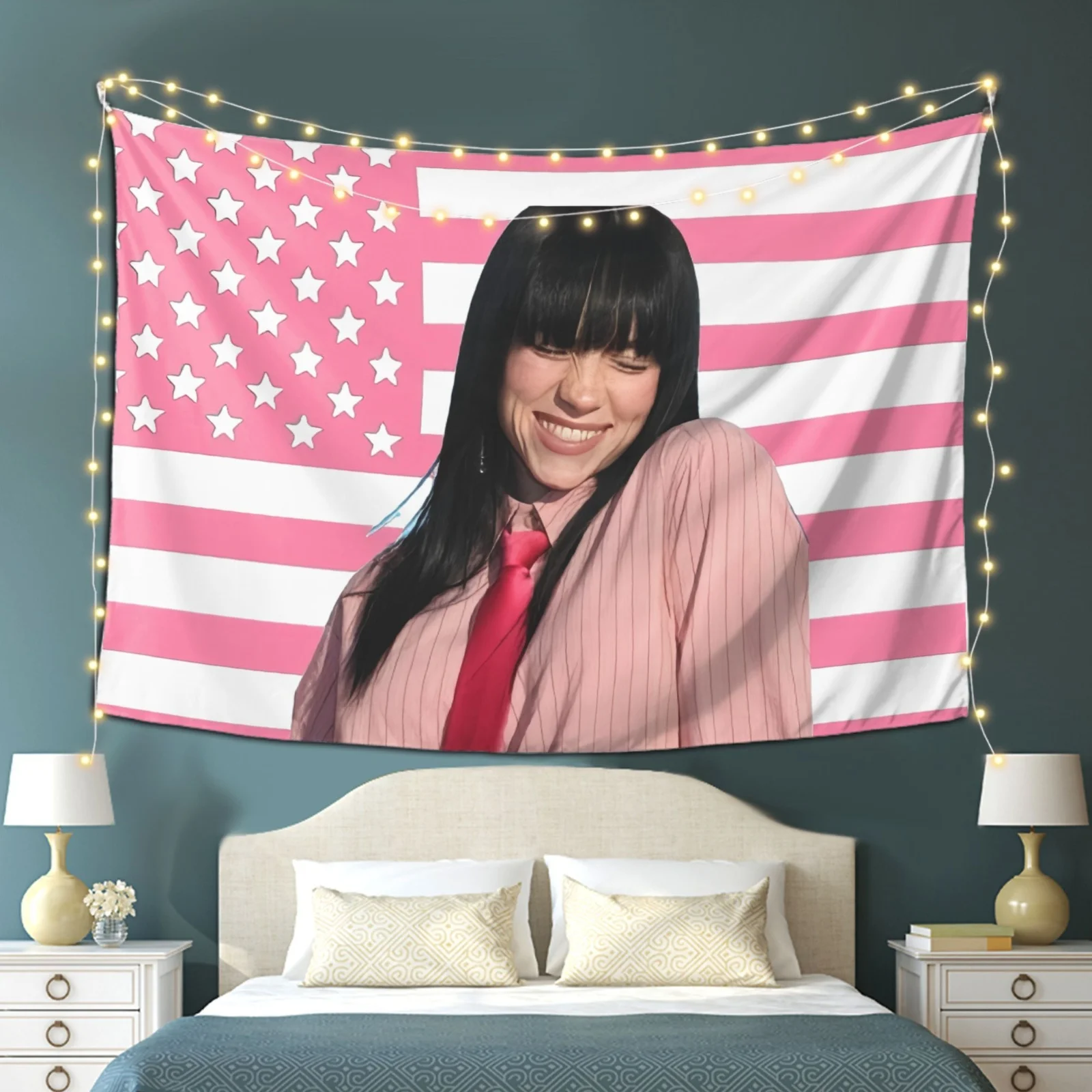 1pc Billie Inspire Tapeçaria Vibrante Rosa Branco Design de bandeira americana com estrelas e listras Tapeçaria macia