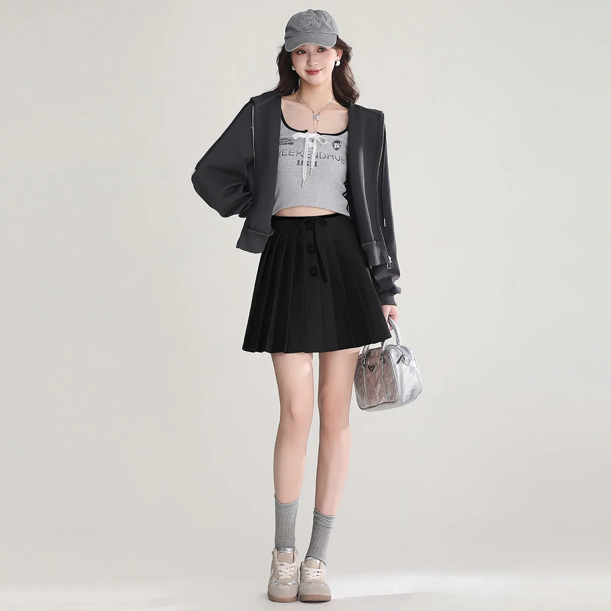 LOUISYAO Spódnica mini z wysokim stanem, plisowana, w kształcie litery A, kolekcja wiosna-jesień 2025, z bocznym zamkiem błyskawicznym, krótka spódniczka damska, słodka moda.