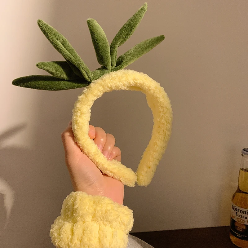 Keep Dry Water Wrist Strap Hair Accessories Soft Elastic Hair Band Yellow Pineapple Plush Headband Handmade DIY Thick Head Wrap