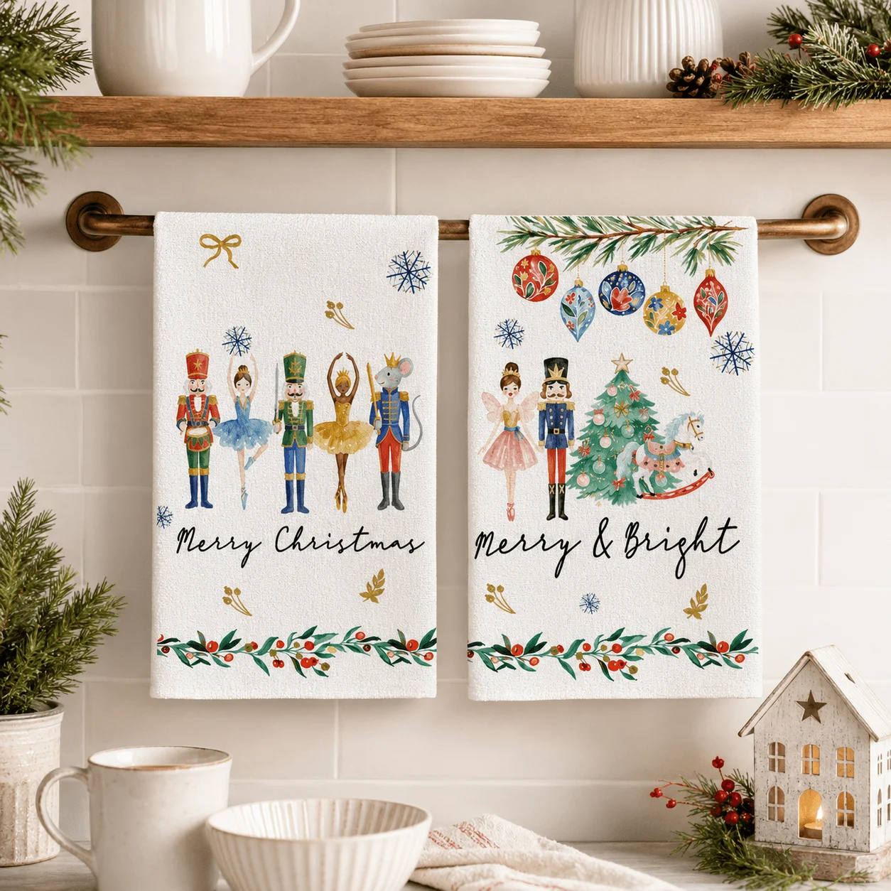 2-Pack Christmas Nutcracker Ballet Girl Pattern Kitchen Towel Scrub Dish Towel