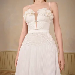 Customized Exquisite Pearls and Crystal White Chiffon 3D Flowers Evening Dresses Sexy Spaghetti Straps Square Collar P