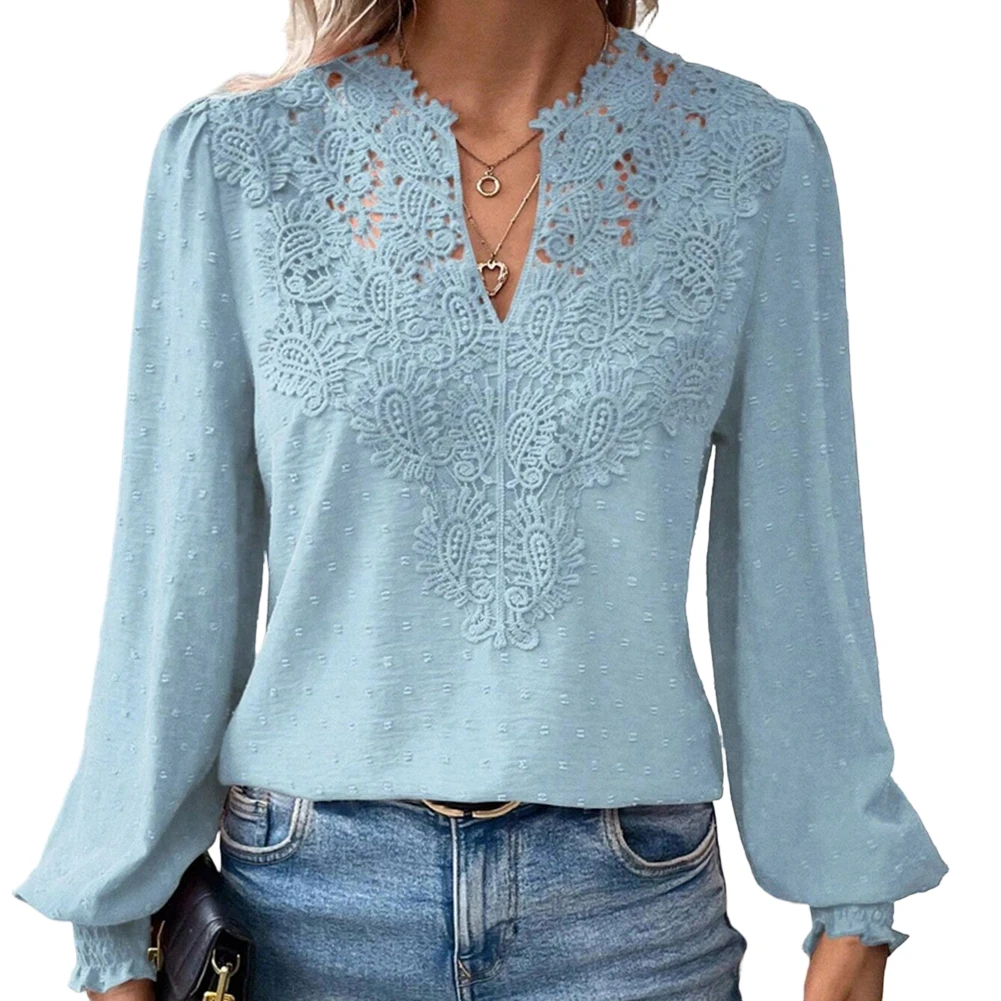 Blouses V-Neck Commuting Shirt S Women Lace Neck T-Shirt Stretchy Fabric Blend 90 Polyester 10 Spandex Regular Clothing Length