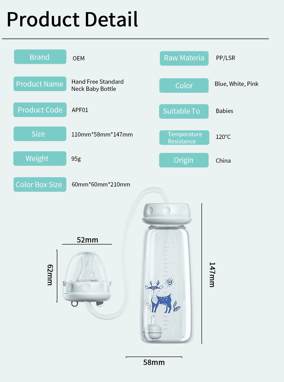 BornBL 6 Month+ 8oz 240ml Hands Free PP Baby Feeding Bottle with Tube Anti-Colic Nursing System, Bpa Free