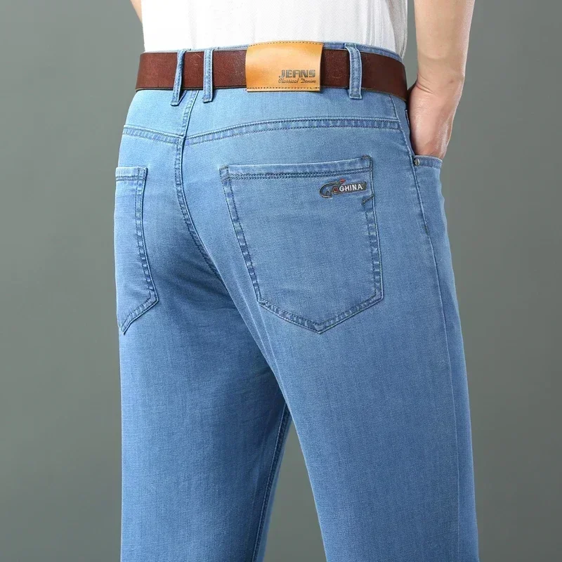 

2023 Spring Summer Thin Denim Straight Cotton Stretch Jeans Men Business Casual Cloth High Waist Ice Silk Lightweight Trousers