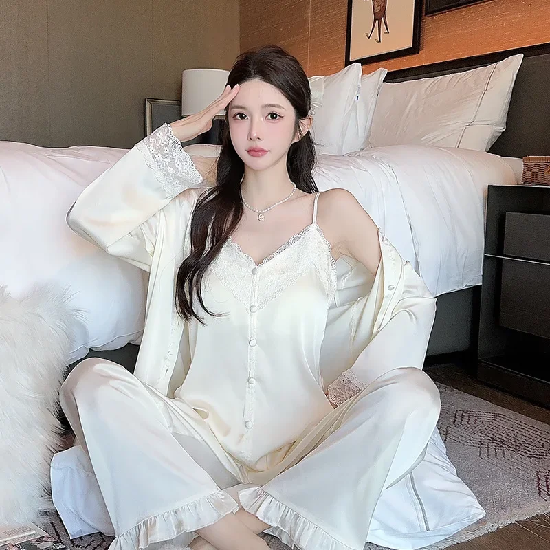 

Three-Piece Pajamas Set Sexy Women Lace Kimono Bathrobe Pyjama Suit Spring Autumn Femme Satin Home Wear Clothes Sleepwear
