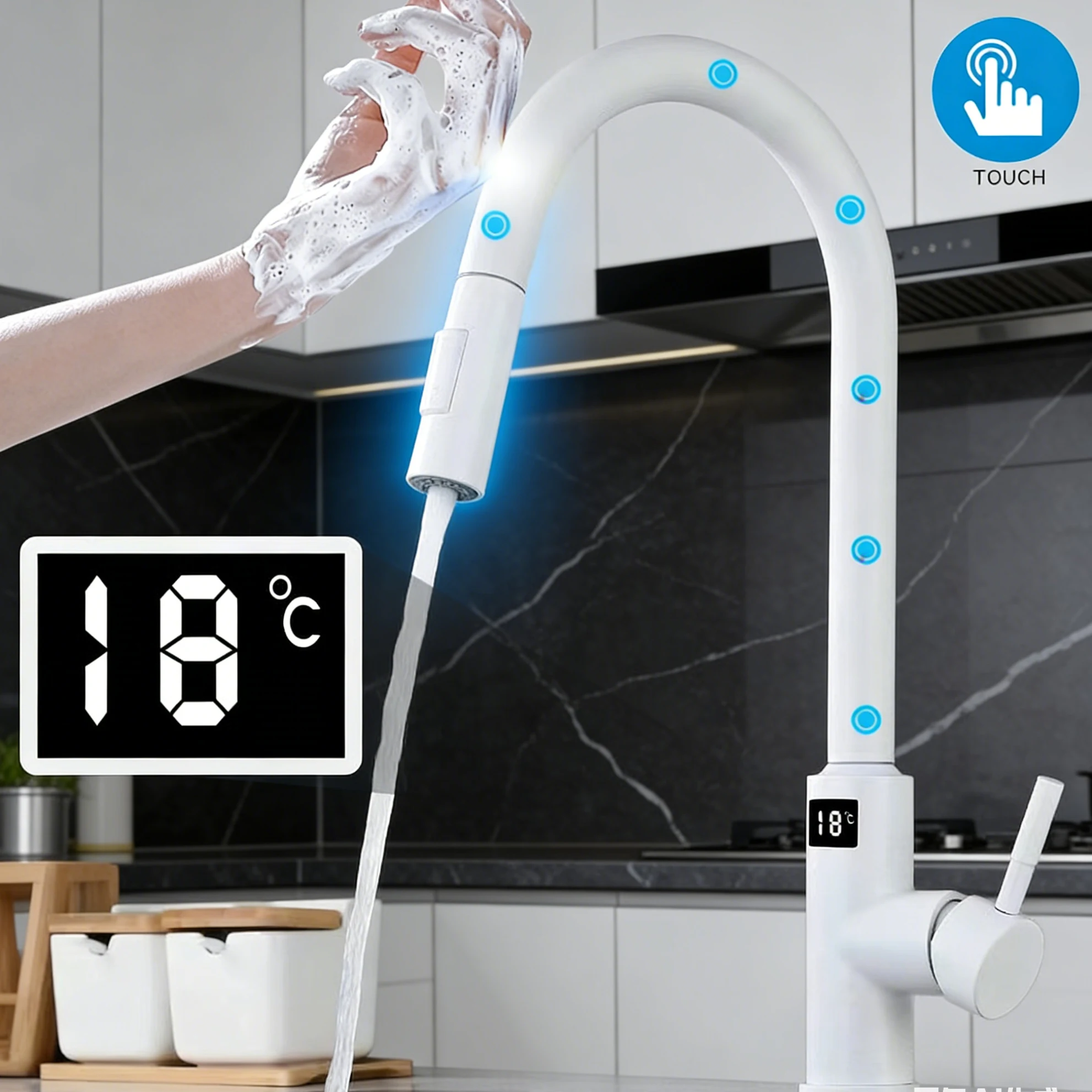 White Digital Touch Control Kitchen Sink Faucet Stainless Steel Pull Out Sprayer Hot Cold Mixer Tap Touch Sensor Kitchen Faucet
