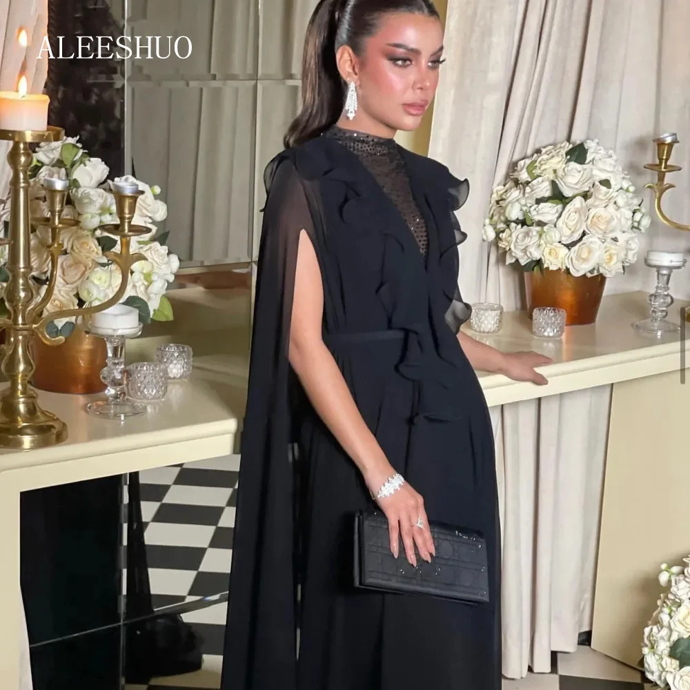 

Aleeshuo Black Silk Chiffon Prom Dress Cape V-neck Party Dress Floor Lenght Sequin Evening Dresses Sleeveless A-line فستان سهرة