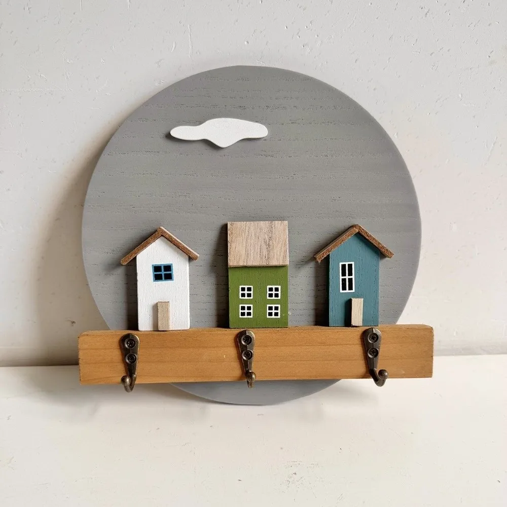 Pastoral Style Round Shape Wooden Wall Hook Nordic Style 3D House Entrance Key Rack Multi Hook No Punching Coat Rack Porch Use