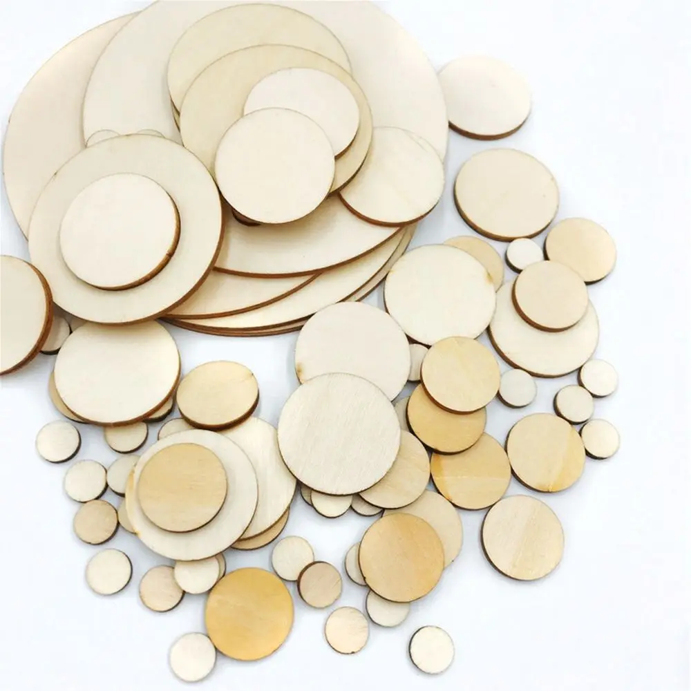 أقراص دائرية لأعياد ميلاد الأطفال بلون سادة غير مكتملة، زخرفة خشبية مستديرة، شرائح خشبية، ألعاب رسم