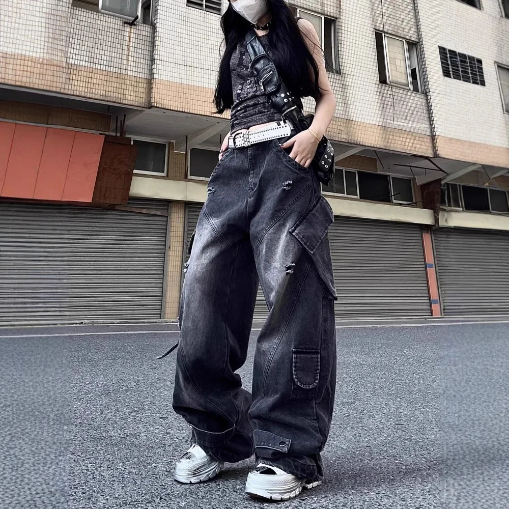 

Women Jeans 2025 New Plus Size High Street Hip Hop Unisex Jeans Heavy Duty Multi Pocket Straight Leg Cargo Wide Leg Pants