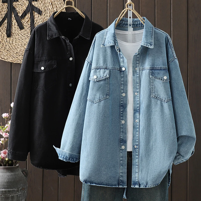 

SuperAen Oversize Loose Lapel Collar Denim Jacket for Women Spring New Single-breasted Pocket Vintage Coats