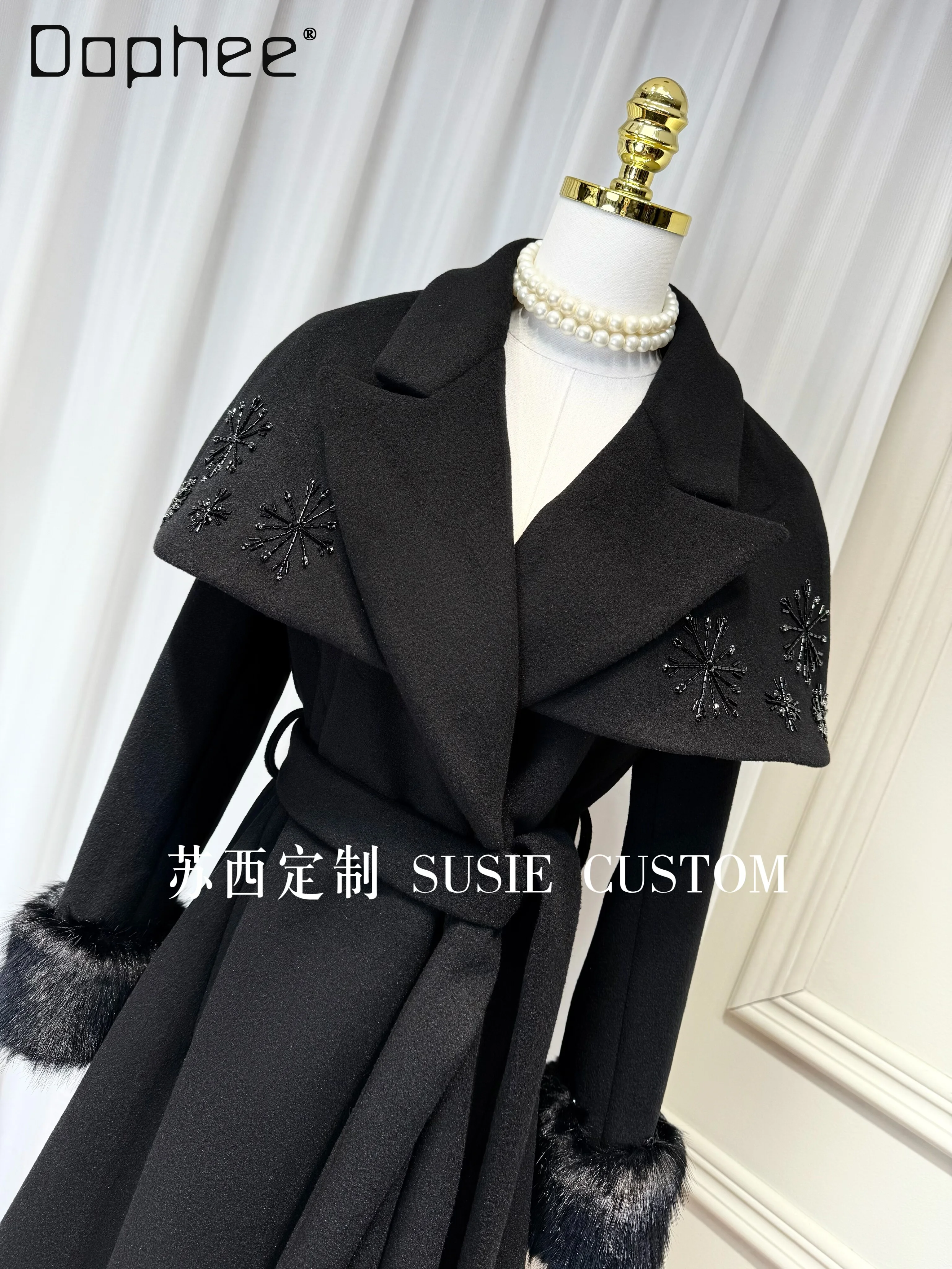 High-end Detachable Beaded Cape Shawl Plush Patchwork Long Sleeve Turn-down Collar Tie Pocket Mid-length Slim Woolen Coat Women