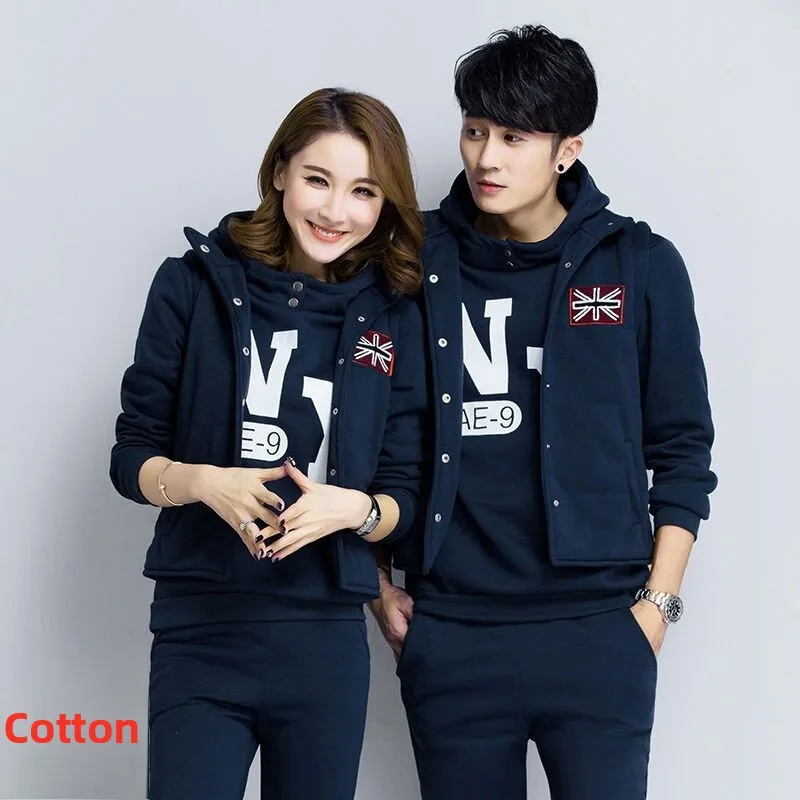 

Утепленный флисовый худи-костюм из трех предметов: женский зимний новый повседневный модный спортивный комплект для пары с длинными рукавами и брюками